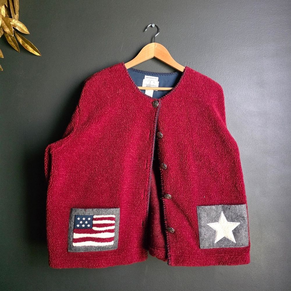 Vtg USA Flag Deep Red Thick Cardigan Sweater Button Women’s XL Hand Embroidered